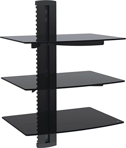 VonHaus 3-Tier Floating Black Shelves with Flat Black Wall Mount Bracket and Strengthened Tempered Black Glass | for DVD Player, Sky/Virgin Box, Games Consoles, TV Accessories and Speakers