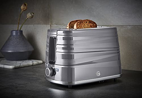 Swan Symphony 2 Pack Kettle and Toaster Set in Grey, Contemporary Style, Eye-Catching Gloss and Matte Ribbon Motif, Energy Efficient, STP3050GRN