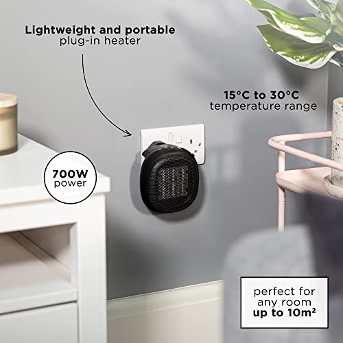 Russell Hobbs RHPH7001 700W Compact Portable Black Ceramic Plug in Fan Heater in Black with 2 Heat Settings & Overheat Protection, 10m2 Room Size, 2 Year Guarantee