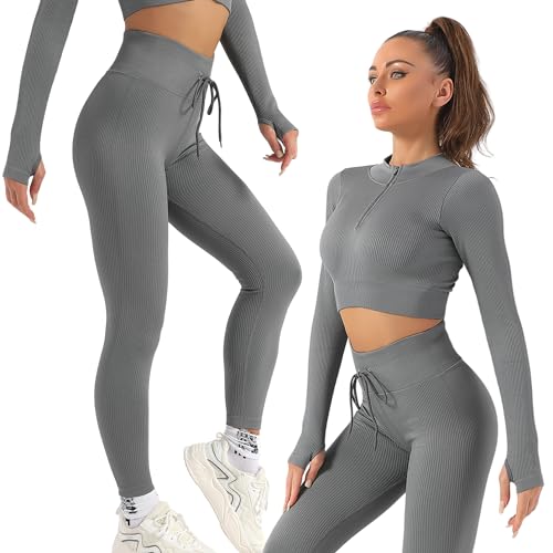 K-MART Gym sets for women 2 piece zip up jacket Workout outfits, Cropped Top, Long Sleeve, Leggings Set for Running, Yoga, Gym, Sports Activity (Grey, L)