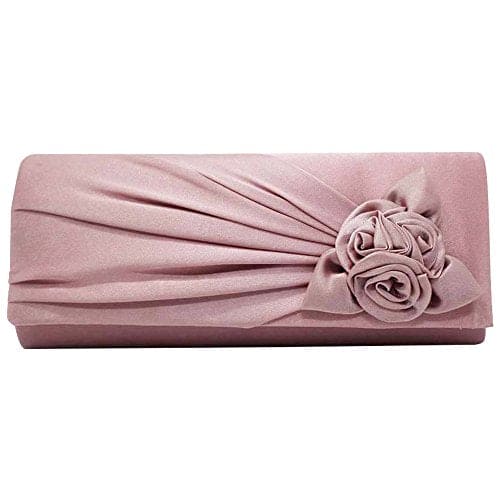 wocharm Ladies Satin Clutch Bag With Rose Evening Wedding Party Prom Bridal Handbag Women's Shoulder Bag (Rose Pink)