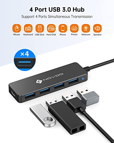 NOVOO Ultra Slim USB Hub 3.0 with 600mm Extended Cable 4 High-Speed Ports, 5Gbps Data Transfer, Usb Adapter 5V/2A Power Supply Port, USB Splitter Compatibility for MacBook Pro M2, Laptop, Mobile HDD