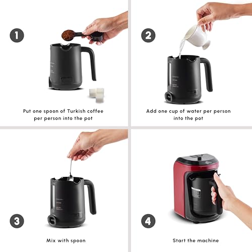 KARACA Hatir Hüps Turkish Coffee Maker For 5 People, Red, Fully Automatic Coffee Machine, Turkish Mocha with Milk, Hot Chocolate, Instant Coffee with Milk