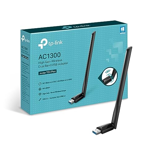 TP-Link AC1300 High Gain USB 3.0 Wi-Fi Dongle, Dual Band MU-MIMO Wi-Fi Adapter with 5dBi Antenna for PC/Desktop/Laptop, Supports Windows 11/10/8.1/8/7 (Archer T3U Plus)