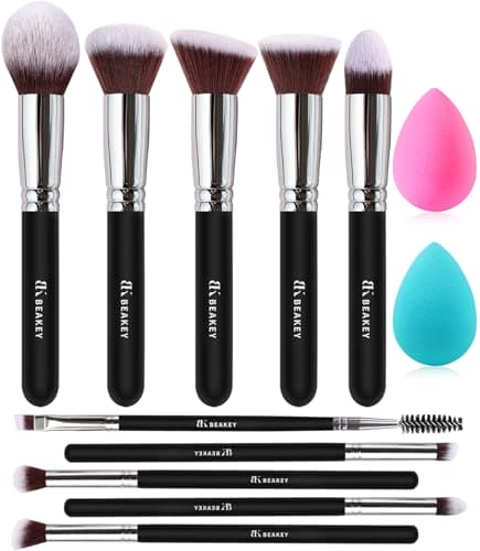 BEAKEY Diversity Makeup Brushes 12 Pcs Makeup Kit, Premium Synthetic Kabuki Foundation Face Powder Concealers Eyeshadow Blush Brushes Makeup Brush Set, with 2pcs Blender Sponges (Black/Silver)