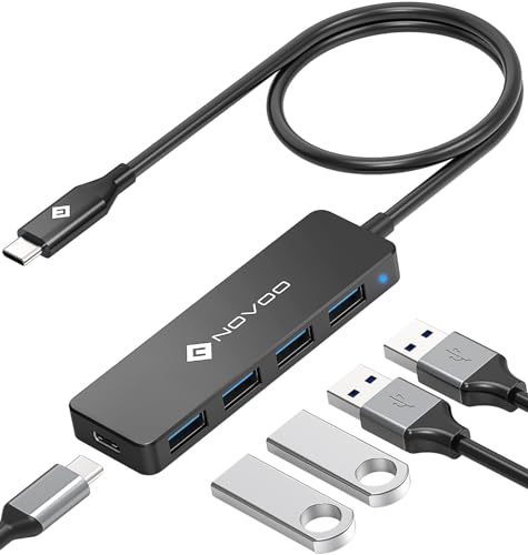 NOVOO USB C HUB, Slim USB C Adapter 600mm(2ft) Extended Cable, 4 High-Speed USB 3.0 Port, 5Gbps Data Transfer, 5V/2A Self Power Supply, USB C Splitter for MacBook Air Pro iPad Pro, DELL, HP, Laptop