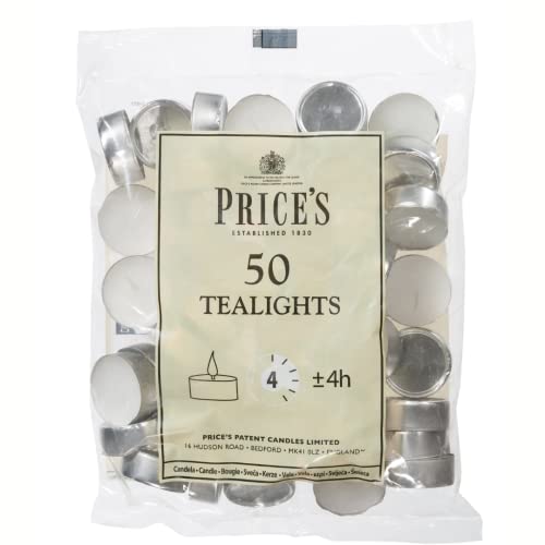 Prices Patent Candles White Tealights Bag, Pack of 50, Wax, l x 3.8cm w x 1.8cm h, Unscented