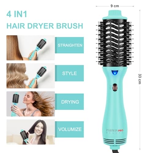 One-Step Hair Dryer Brush, PARWIN PRO BEAUTY Blow Dry Hair Brush, 4 in 1 Hot Brushes for Hair Styling, Drying, Volumizing, Straighten, Negative Ion Care Hot Air Brush, 1000W, Green