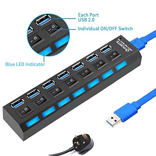 USB Hub 7-Port USB SuperSpeed USB 3.0 Hub Extender USB Hubs with Individual on/off LED Switches Power Adapter Multi Port USB Splitter Extender for PC Laptop Desktops