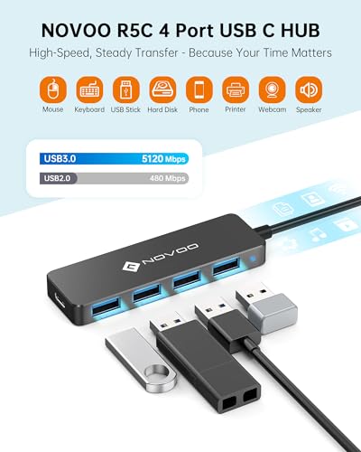 NOVOO USB C HUB, Slim USB C Adapter 600mm(2ft) Extended Cable, 4 High-Speed USB 3.0 Port, 5Gbps Data Transfer, 5V/2A Self Power Supply, USB C Splitter for MacBook Air Pro iPad Pro, DELL, HP, Laptop