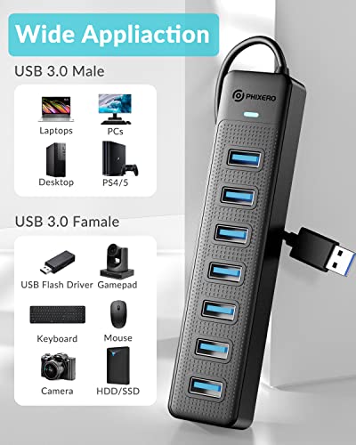 PHIXERO 7 Port USB Hub, USB 3.0 Hub Multi USB Port Hub, Portable USB Extension Hub, Compatible with All USB 3.0/2.0/1.1 Port Device