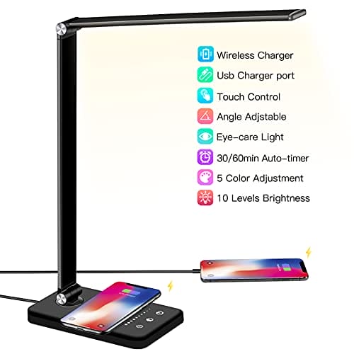 BIENSER LED Desk Lamp with Wireless Charger, USB Charging Port, Table Lamp with 10 Brightness, 5 Lighting Colors, Dimmable Eye-Caring Desk Lamps for Home Office, Touch Control, 30/60min Auto Timer