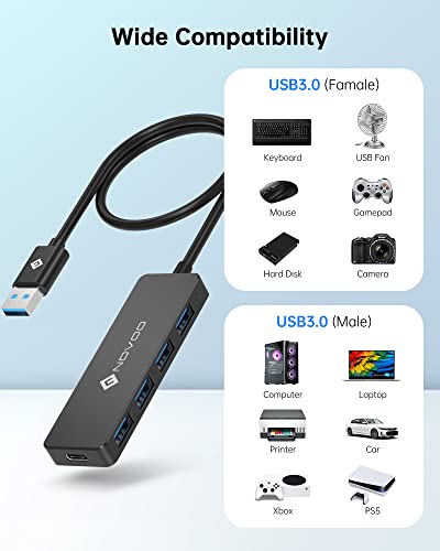 NOVOO Ultra Slim USB Hub 3.0 with 600mm Extended Cable 4 High-Speed Ports, 5Gbps Data Transfer, Usb Adapter 5V/2A Power Supply Port, USB Splitter Compatibility for MacBook Pro M2, Laptop, Mobile HDD