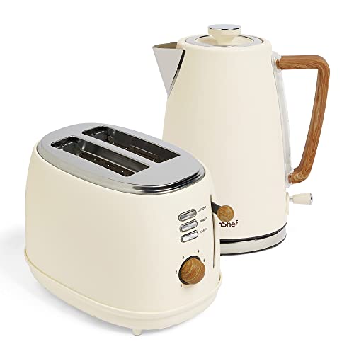 VonShef Kettle and Toaster Set – Scandi 1.7L Rapid Boil Kettle 3000W & 2 Slice Wide Slot Toaster 850W with 6 Browning Controls & High Lift, Matching Kitchen Set – Nordic Cream and Wood Accents