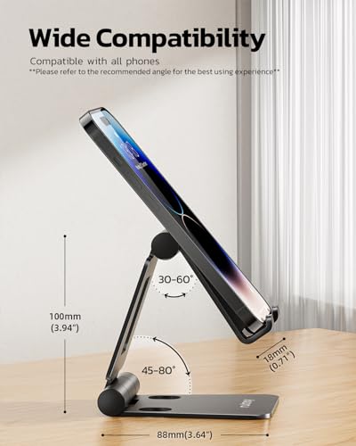 NULAXY Phone Stand, Fully Foldable Angle Height Adjustable Mobile Phone Holder Stand Dock Aluminum Desk Compatible with Phone 15 14 13 12 11 Pro Max XR X 8, HUAWEI, Galaxy, All Phones - Black