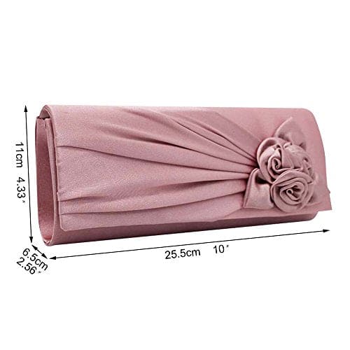 wocharm Ladies Satin Clutch Bag With Rose Evening Wedding Party Prom Bridal Handbag Women's Shoulder Bag (Rose Pink)