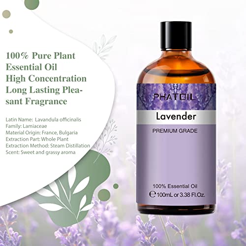 PHATOIL Lavender Essential Oil 100ML, Pure Premium Grade Lavender Essential Oils for Diffuser, Humidifier, Aromatherapy, Bath, Candle Making