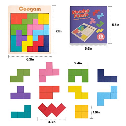 Coogam Wooden Tangram Puzzle Pattern Blocks Brain Teasers Game with 60 Challenges, 3D Russian Building Toy Wood Shape Jigsaw Puzzles Montessori STEM Educational Toys Gift for Kids Adults