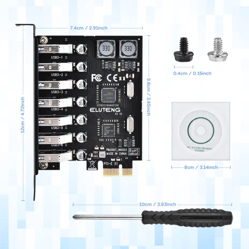 ELUTENG PCIE USB 3.0 Card, PCIE Expansion Card 7 Port PCI-e USB 3.0 Card Super Fast 5Gbps PCI-E to USB 3.0 Expansion Card Adapter Support PCI-E X1 X4 X8 X16, Support Windows 11/10/8/7/XP