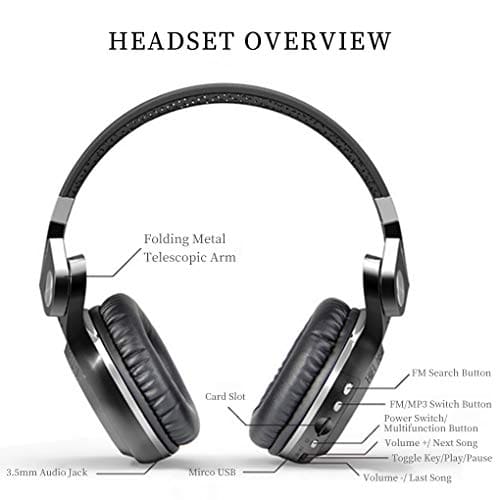 Bluedio Wireless Bluetooth Headphones Foldable Over Ear Headphones with Micro SD Card Slot/FM Radio/Support Amazon Web Services/Mic/Wired for Cell Phones/TV/PC (Black)