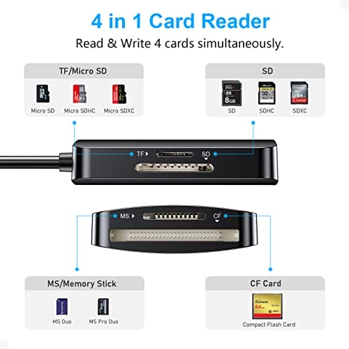 SD Card Reader, Beikell 4 in 1 Dual Connector USB C & 3.0 Reader Adapter, Cards Simultaneously Memory Adapter for SD/SDHC/SDXC/Micro SD/Micro SDXC/MS Duo, Compatible with Windows, OS, black (B6316)