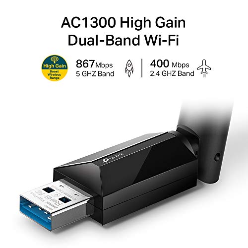 TP-Link AC1300 High Gain USB 3.0 Wi-Fi Dongle, Dual Band MU-MIMO Wi-Fi Adapter with 5dBi Antenna for PC/Desktop/Laptop, Supports Windows 11/10/8.1/8/7 (Archer T3U Plus)