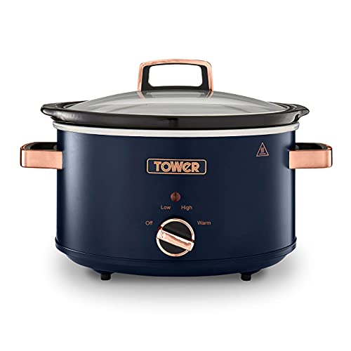 Tower T16042MNB Cavaletto 3.5 Litre Slow Cooker with 3 Heat Settings, Removable pot and Cool Touch Handles, Midnight Blue and Rose Gold