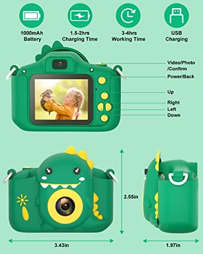 Hangrui Kids Camera, 20MP Kids Digital Dual Lens Camera with Silicone Case 2.0 Inch IPS Screen 1080P Video Camcorder, 32GB SD Card,Shockproof Childrens Camera Toy for Boys & Girls Age 3-12(Green)