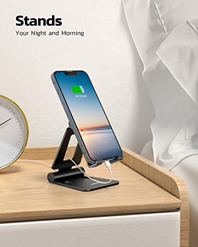 NULAXY Phone Stand, Fully Foldable Angle Height Adjustable Mobile Phone Holder Stand Dock Aluminum Desk Compatible with Phone 15 14 13 12 11 Pro Max XR X 8, HUAWEI, Galaxy, All Phones - Black