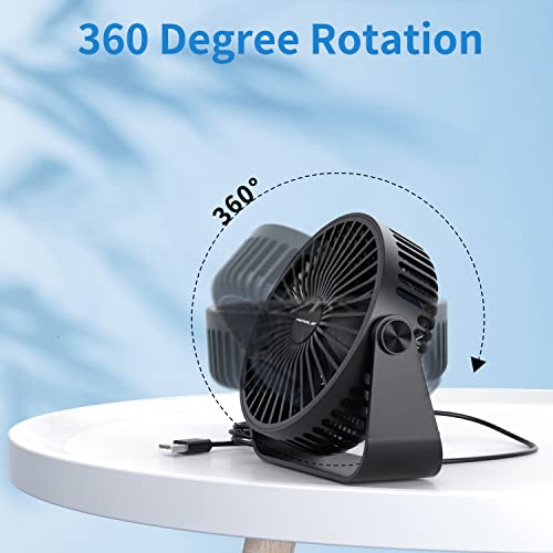 TriPole USB Desk Fan, 3 Speeds Adjustable Strong Wind Table Fan, 360° Rotation Mini Personal Fan, 5.5 Inches Portable Cooling Fan for Desktop Office Home Bedroom Car Outdoor Camping, Black