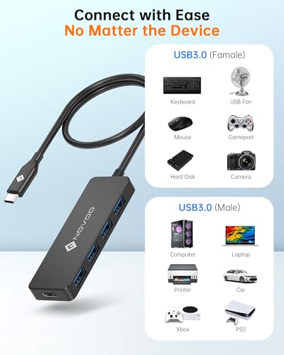 NOVOO USB C HUB, Slim USB C Adapter 600mm(2ft) Extended Cable, 4 High-Speed USB 3.0 Port, 5Gbps Data Transfer, 5V/2A Self Power Supply, USB C Splitter for MacBook Air Pro iPad Pro, DELL, HP, Laptop