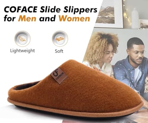 COFACE Mens Cozy Memory Foam Scuff Slippers Uninex Casual Slip On Warm House Indoor/Outdoor Shoes Felt Sandal Slippers With Arch Support Rubber Sole, size 14 Dark Brown