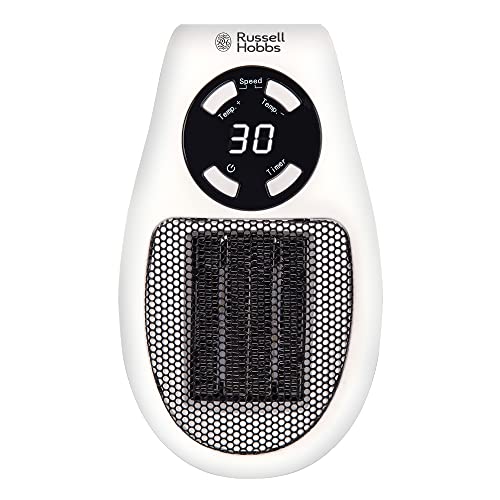 Russell Hobbs RHPH2001 500W Ceramic Plug Heater, Adjustable thermostat, 12 Hour Timer & LED Display, 2 Fan Speeds, 2 Year Guarantee , White