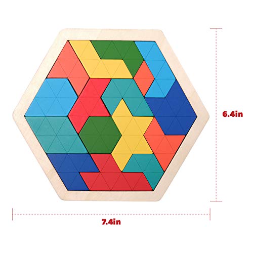 Coogam Wooden Kids Puzzle - Hexagon Shape Pattern Tetris Block Tangram Logic IQ Game STEM Montessori Brain Teaser Toy Gift for Teenagers