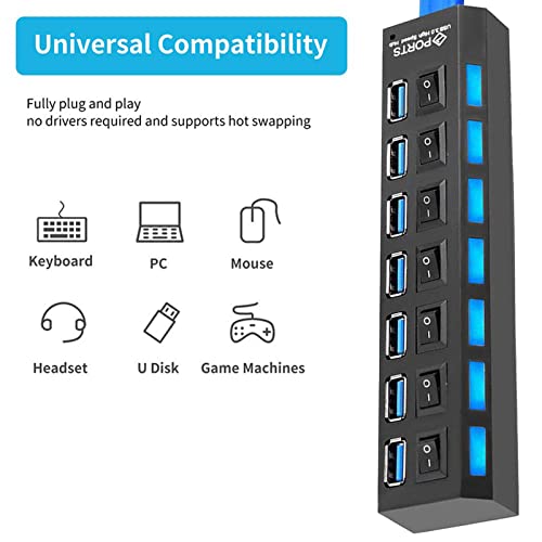 USB Hub 7-Port USB SuperSpeed USB 3.0 Hub Extender USB Hubs with Individual on/off LED Switches Power Adapter Multi Port USB Splitter Extender for PC Laptop Desktops