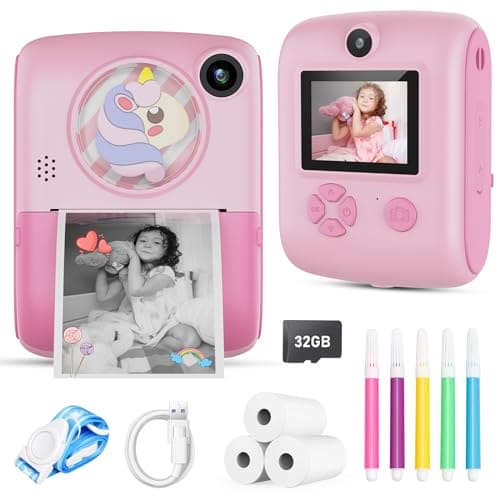 Kids Camera, Instant Print Camera for 3-12 Year Old Girls, Digital Selfie Camera for Kids Children Camera Toys with 32GB Card 1080P, Christmas Birthday Gifts for Age 3 4 5 6 7 8 9 Years Old Girls