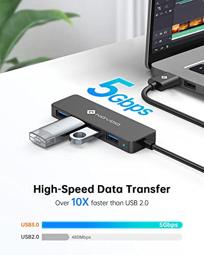 NOVOO Ultra Slim USB Hub 3.0 with 600mm Extended Cable 4 High-Speed Ports, 5Gbps Data Transfer, Usb Adapter 5V/2A Power Supply Port, USB Splitter Compatibility for MacBook Pro M2, Laptop, Mobile HDD