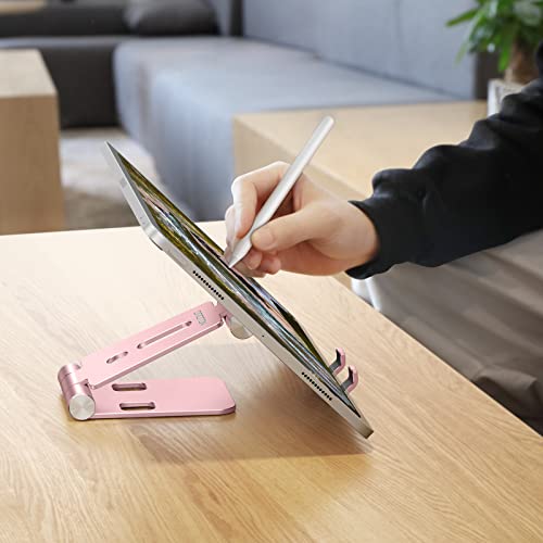 OMOTON Phone Stand Foldable, Phone Holder, Aluminum Portable Phone Dock Cradle Stand for Travel, Fits iPhone 14 Pro/13/12 Pro/11/SE/Xr/Xs Max, Samsung, Tablet, and More Smartphones(4-8in), Rose gold