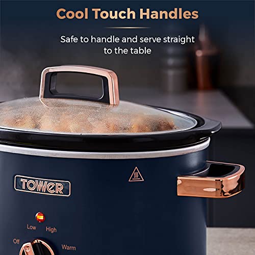 Tower T16042MNB Cavaletto 3.5 Litre Slow Cooker with 3 Heat Settings, Removable pot and Cool Touch Handles, Midnight Blue and Rose Gold