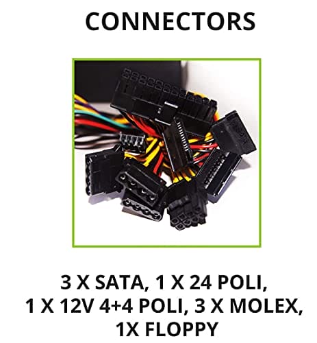 Tecnoware ATX 650W PC power supply - 12 cm silent fan - 3 connectors for SATA, 1 for 24 poles, 1 for 12 V 4 + 4 poles, 3 for Molex, 1 for Floppy