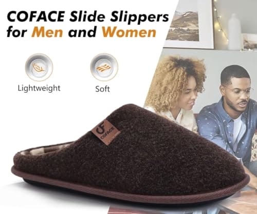 COFACE Mens Cozy Memory Foam Scuff Slippers Uninex Casual Slip On Warm House Indoor/Outdoor Shoes Felt Sandal Slippers With Arch Support Rubber Sole, size 14 Dark Brown