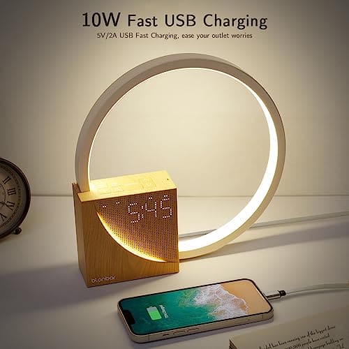 blonbar Bedside Lamp, Touch Lamps Bedside with 10W USB Charging Port, 10 Smoothing Sound Table Lamp with 2 Alarm Clock, 3 Level Brightness, Wake-Up Light LED Night Light for Bedroom, Living Room