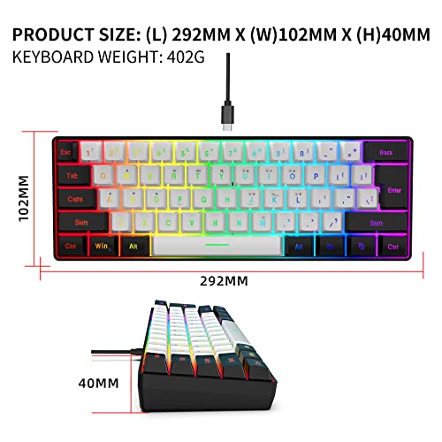 Snpurdiri 60% Wired Gaming Keyboard, True RGB Mechanical Feeling,Ultra-Compact Mini Keyboard with Detachable Cable,Black and White and Color