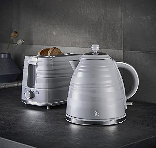 Swan Symphony 2 Pack Kettle and Toaster Set in Grey, Contemporary Style, Eye-Catching Gloss and Matte Ribbon Motif, Energy Efficient, STP3050GRN