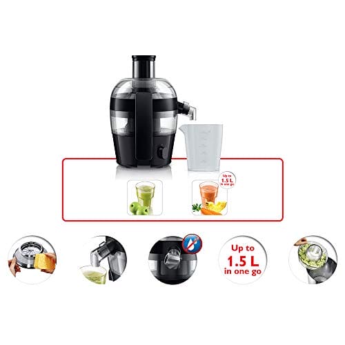 Philips Viva Collection Compact Juicer, 1.5 Litre, 500 Watt, Quick Clean Technology, Drip Stop, Dishwasher Safe Parts, See-through Pulp Container, Direct Serve, Black (HR1832/01)