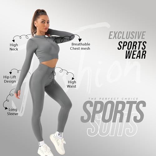 K-MART Gym sets for women 2 piece zip up jacket Workout outfits, Cropped Top, Long Sleeve, Leggings Set for Running, Yoga, Gym, Sports Activity (Grey, L)