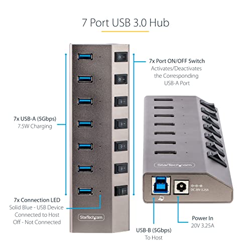 StarTech 7-Port Self-Powered USB-C Hub with Individual On/Off Switches, USB 3.0 5Gbps Expansion w/Power Supply, Desktop/Laptop to USB-A, Type C w/BC 1.2 (5G7AIBS-USB-HUB-EU), Space Gray