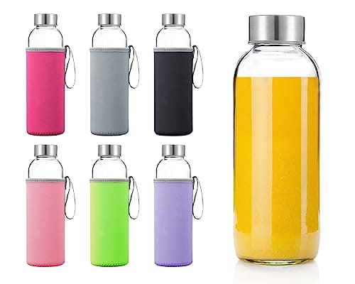 Otis Glass Water Bottles - 6 Pack w/Sleeves & Stainless Steel Lids - For Hot & Cold Drinks, Kombucha, Juice & Tea - Water Tumbler w/Colourful Sleeve - 18oz