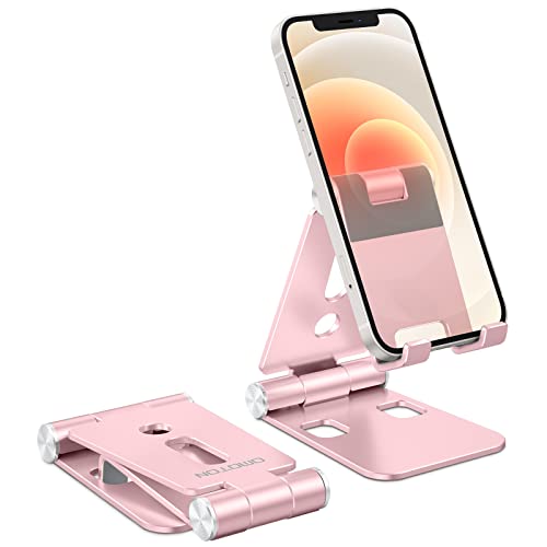 OMOTON Phone Stand Foldable, Phone Holder, Aluminum Portable Phone Dock Cradle Stand for Travel, Fits iPhone 14 Pro/13/12 Pro/11/SE/Xr/Xs Max, Samsung, Tablet, and More Smartphones(4-8in), Rose gold