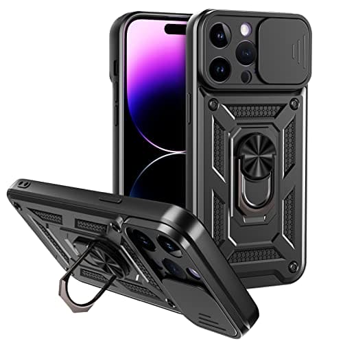 Hianjoo Case Compatible with iPhone 14 Pro Max 2024, Shockproof Case with Ring Kickstand Slide Camera Cover Support Magnetic Car Mount Compatible with iPhone 14 Pro Max 6.7” - Black